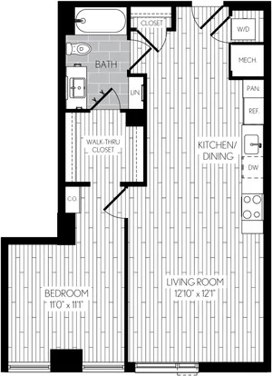 747 square foot one bedroom one bath apartment floorplan image