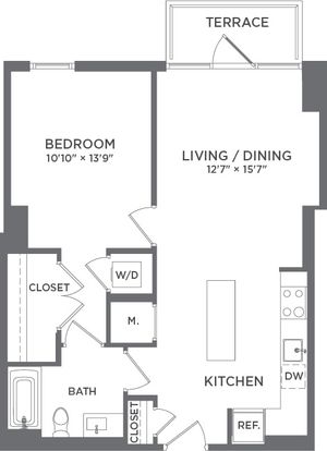Elegant floor plan featuring 1 bedroom, open-concept kitchen and living/dining area, inviting terrace access.