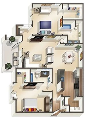 Elegant floor plan featuring 3 bedrooms with modern decor, spacious living area, and sleek kitchen design, perfect for contemporary living.