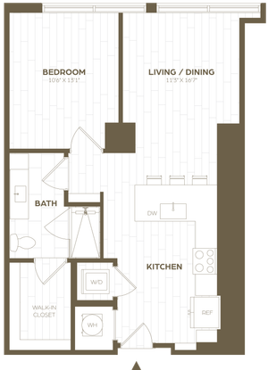 Modern floor plan showcasing a spacious 1-bedroom apartment with open living/dining area, sleek kitchen, and convenient walk-in closet.