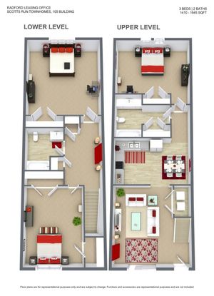 Charming 3D floor plan showcasing a two-level townhouse with 3 bedrooms, 2 bathrooms, elegant living and dining areas, and a modern kitchen. Perfect blend of comfort and style at Scotts Run Townhomes.