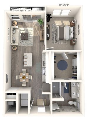 787 to 790 square foot one bedroom one bath apartment floorplan image