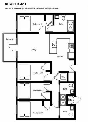 Inviting floor plan of a 1090 sq ft shared apartment with 4 bedrooms, spacious living area, modern kitchen, and balcony.