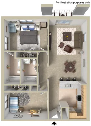 Chic floor plan featuring a spacious bedroom, modern living room, and a sleek kitchen with dining area.