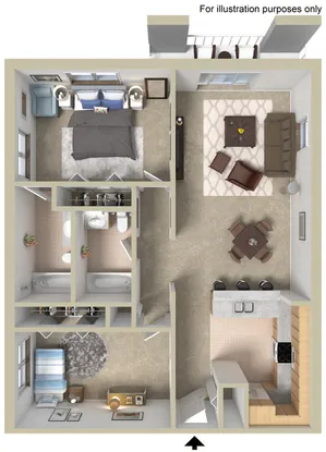 Luxurious 3D floor plan featuring 2 bedrooms, modern kitchen, elegant living area, and dual bathrooms.