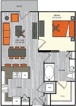 1 bedroom 1 bath apartment with dining area, walk in closet and 708 sq ft