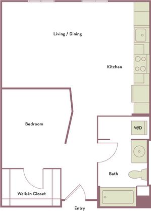 650 square foot studio one bath apartment floorplan image