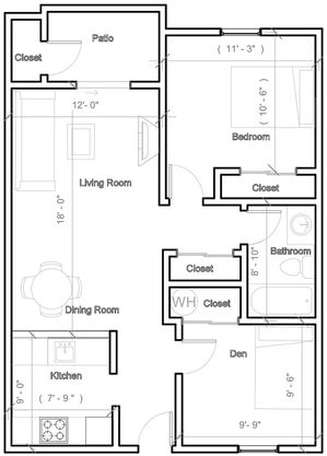 Charming floor plan showcasing a spacious layout with a bedroom, stylish den, cozy living room, and an inviting patio.