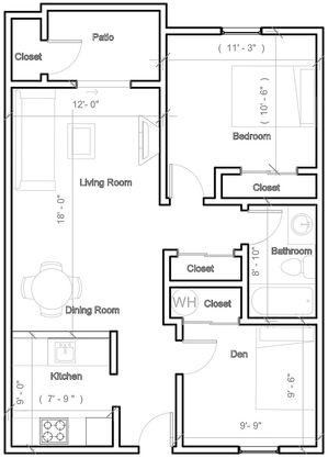 Modern floor plan highlighting a single bedroom with ample closets, cozy den, open living and dining area, efficient kitchen, and inviting patio.