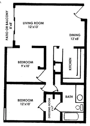 Inviting apartment floor plan with 2 spacious bedrooms, cozy living room, dining area, kitchen, dressing room, bath, and a private patio/balcony.
