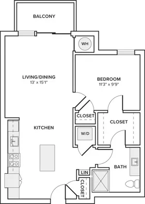 737 square foot one bedroom one bath apartment floorplan image
