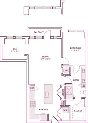 996 square foot one bedroom one bath with den apartment floor plan in Houston, TX