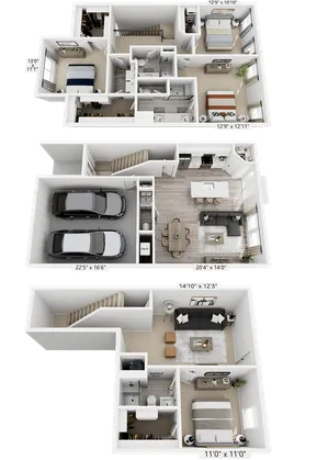 Modern 3D floor plan showcasing a spacious three-level apartment with two-car garage, open-concept kitchen and living area, three bedrooms, and a stylish entertainment room.