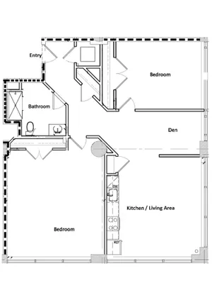 Contemporary floor plan showcasing 2 bedrooms, a stylish den, and a kitchen living area with an efficient layout.