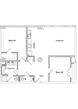 Modern floor plan showcasing dual sleep lofts, a spacious living area, and well-appointed kitchen and bathroom space.