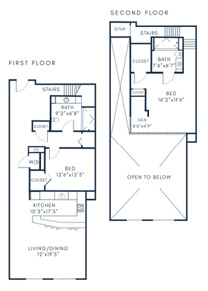 Elegant two-story floor plan showcasing two bedrooms, open living/dining space, and modern kitchen with generous layout.