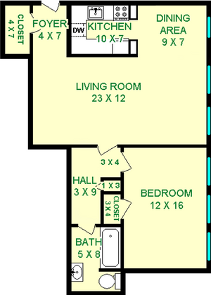 Lovage one bedroom floorplan shows roughly 755 square feet, with a bedroom, bathroom, living room, dining area, ktichen, foyer, hall and closets.