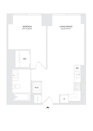 Modern floor plan for Avira Residence 12 featuring 1 bedroom, 1 bath, with a spacious living and dining area spanning floors 10-27. Includes walk-in closet and convenient washer/dryer setup.
