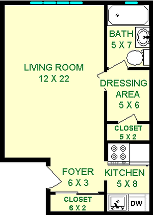 Radcliff Studio Apartment shows roughly 370 square feet with a Living Room, bathroom, foyer, Kitchen and a Dressing Area