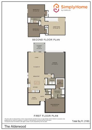 The Alderwood floor plan showcasing a spacious layout with 3 bedrooms, a game room, and a modern kitchen. Features include a cozy living room with a covered patio, a main bedroom with an ensuite bath, and a 2-car garage. Total area 2183 sq ft by SimplyHome.