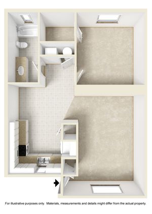 Charming 1-bedroom floor plan featuring an efficient bath and kitchen layout with ample natural light.