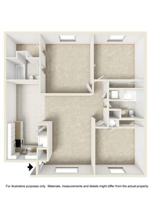 Elegant 2D floor plan showcasing 3 spacious bedrooms, a modern kitchen, and 2 sleek bathrooms, ideal for comfortable family living.