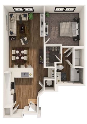 Modern 1-bedroom apartment floor plan featuring an open living area, gourmet kitchen, and sleek contemporary design.