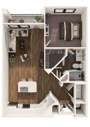 Modern floor plan showcasing 1 bedroom, an inviting living room with balcony access, and a stylish kitchen with island seating.