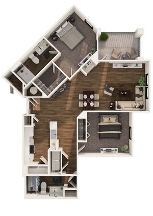 Modern floor plan showcasing 2 bedrooms, an inviting open living and dining area, with a sleek kitchen and private balcony.