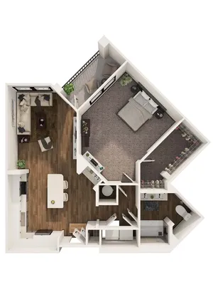 Contemporary 2D floor plan showcasing a cozy 1-bedroom layout, open-concept living and dining area, modern kitchen, and spacious bathroom, ideal for urban living.