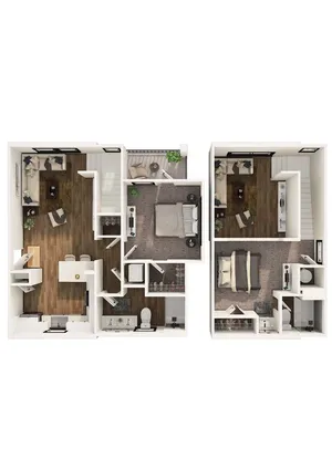 Elegant 2D floor plan with two bedrooms, modern living area, and contemporary kitchen design.