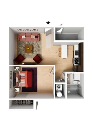 Chic 3D floor plan with spacious bedroom, cozy living area, modern kitchen, and compact bathroom.