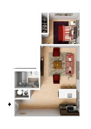 Contemporary floor plan featuring a cozy bedroom, inviting open-concept living area, modern kitchen with island, and well-appointed bathroom.