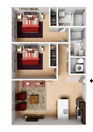 Modern 3D floor plan showcasing 2 spacious bedrooms, elegant bathrooms, cozy living area, and a sleek kitchen with island seating.