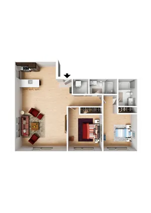 Modern apartment layout with two cozy bedrooms, open-plan living room, sleek kitchen, and two pristine bathrooms.