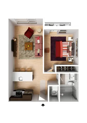 Chic open-concept apartment floor plan featuring a cozy living area with stylish furnishings, a modern kitchen, and a comfortable bedroom with ample closet space.