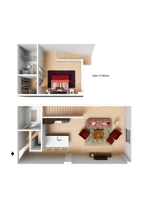 Elegant two-level floor plan showcasing an open-concept living area, modern kitchen with island, cozy bedroom, spacious bathroom, and chic staircase.