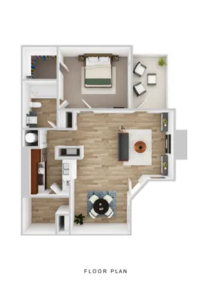 Modern 1-bedroom apartment floor plan with a spacious living area, elegant kitchen, and cozy balcony.