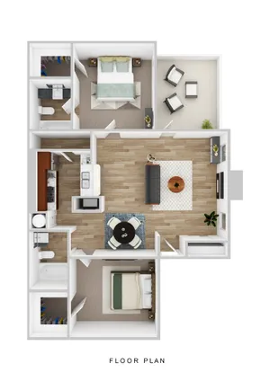 Modern floor plan showcasing two bedrooms, spacious living area, and sleek kitchen with contemporary amenities.