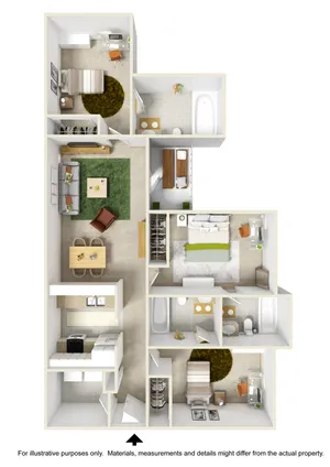 Modern 3D floor plan showcasing 3 bedrooms, open living-dining area, and fully equipped kitchen, perfect for family living.