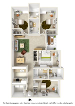 Modern 3D floor plan displaying three cozy bedrooms, two sleek bathrooms, a spacious living area, and an open kitchen. Perfect blend of style and functionality.