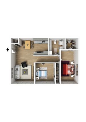 Modern 3D floor plan featuring two stylish bedrooms, elegant living area, and a well-equipped kitchen with dining space.