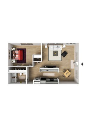 Modern 3D floor plan showcasing a sleek one-bedroom apartment with open-concept living room, stylish kitchen, and elegant bathroom design.