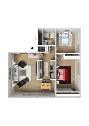 Modern floor plan featuring 2 cozy bedrooms, an inviting living area, and an open kitchen with stylish dining space.