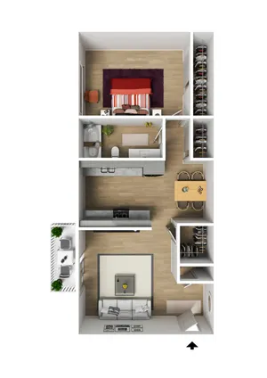 Contemporary 3D floor plan showcasing one bedroom, a stylish kitchen with dining area, spacious living room, and inviting balcony.