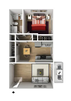 Modern 3D apartment floor plan featuring a cozy bedroom, sleek kitchen, and inviting living room with balcony.