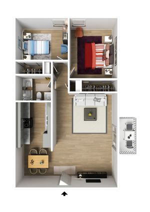 Chic 3D apartment floor plan with 2 bedrooms, modern kitchen, cozy living area, and stylish dining space.