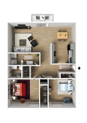 Chic 3D floor plan showcasing two bedrooms, a modern kitchen, and an open living-dining area with a cozy balcony.