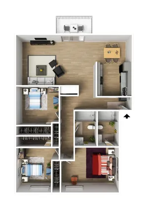Elegant 3D floor plan showcasing two spacious bedrooms, a stylish open-concept living and dining area, a modern kitchen, and two bathrooms, perfect for comfortable living.