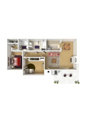 Elegant 3D floor plan showcasing 2 bedrooms, a modern kitchen, cozy living room, and dining area with stylish furniture.